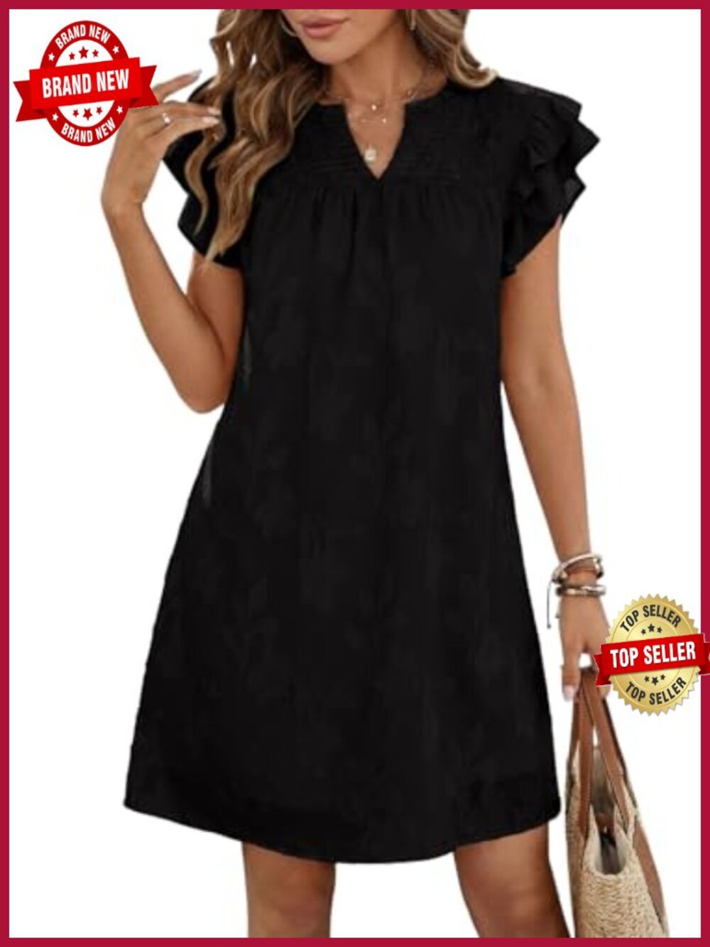 Womens Summer Mini Dress Ruffle Short Sleeve V Neck Smocked Sundress